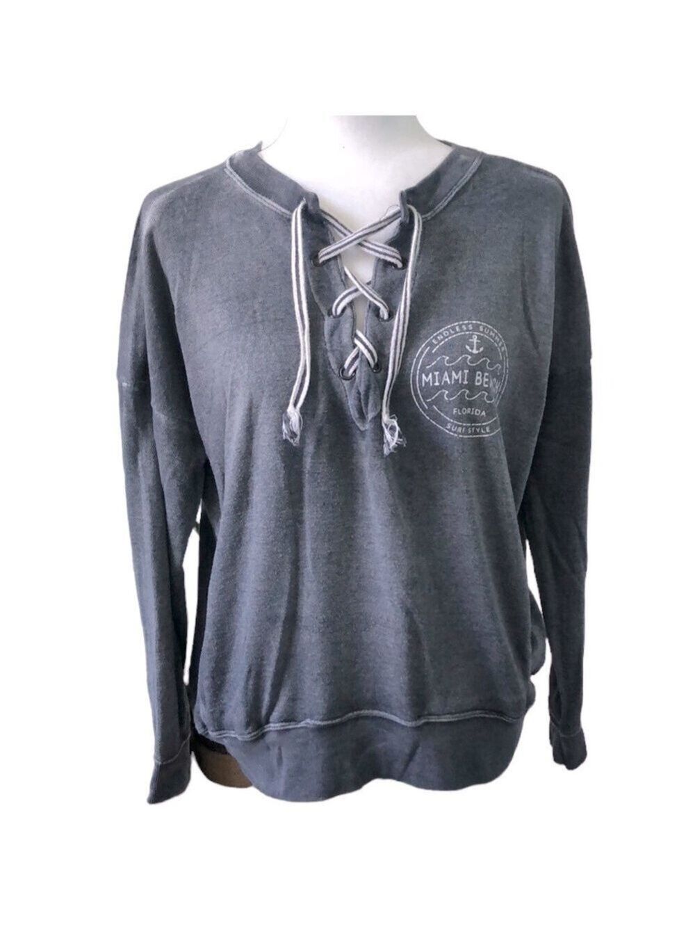 Ocean Drive Lace Up Sweatshirt Gray Size Small